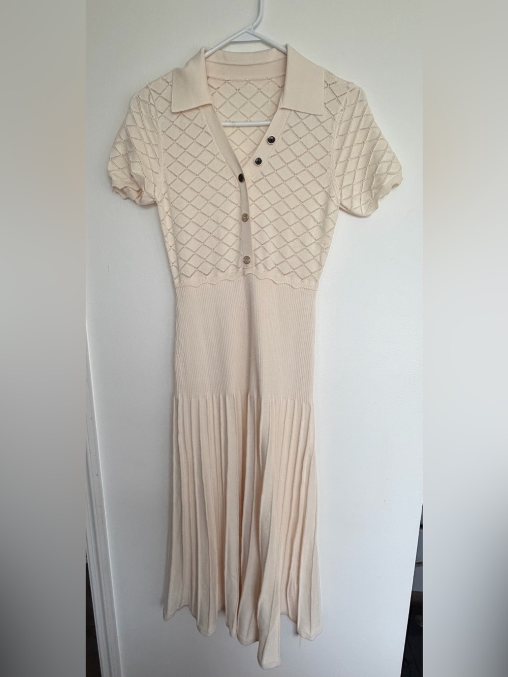 Commense- Cream Knit Polo Midi Dress
